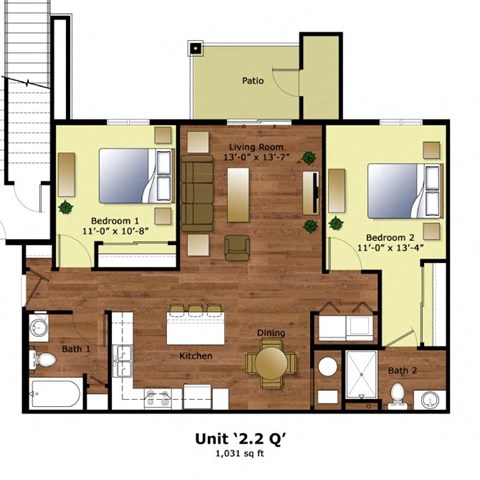 Floor plan for 2 beds, 2 baths, 1031 sqft